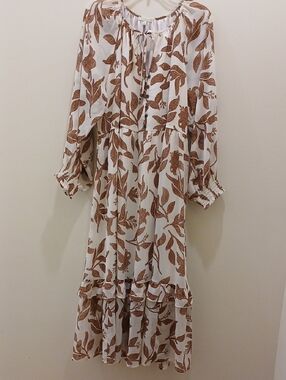 BOHO/Peasant White and Brown Floral Tiered Midi Dress by Kate & Sam - XL